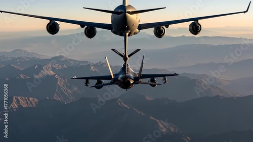 Military Aircraft Refueling Mid-Air Over Mountainous Landscape at Sunset.