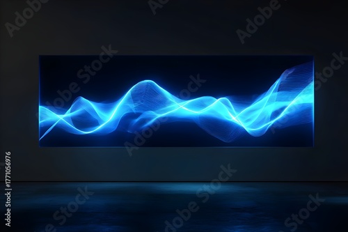 Neon Blue Waves Art Installation Flowing Across Dark Canvas with Illuminated Contemporary Design and Style