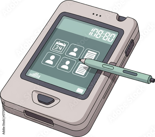 An illustration of a retro personal digital assistant (PDA) with a stylus pen touching the screen.