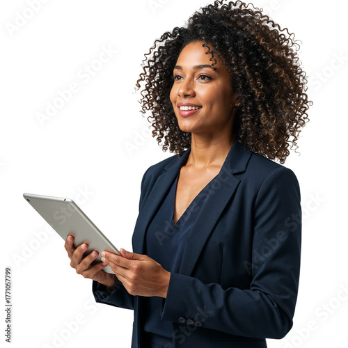 Wallpaper Mural Smiling woman in business suit holds tablet looking up and away strategically isolated on transparent background Torontodigital.ca