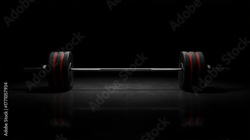 Solitary barbell on reflective dark surface suitable for fitness posters, gym websites, workout blogs, weightlifting guides, and sports designs.