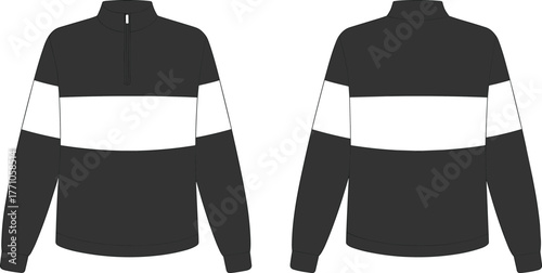 Long sleeve pullover sweatshirt, high collar zip jacket, color block fashion top, white stripe design, casual sportswear apparel, unisex clothing template illustration