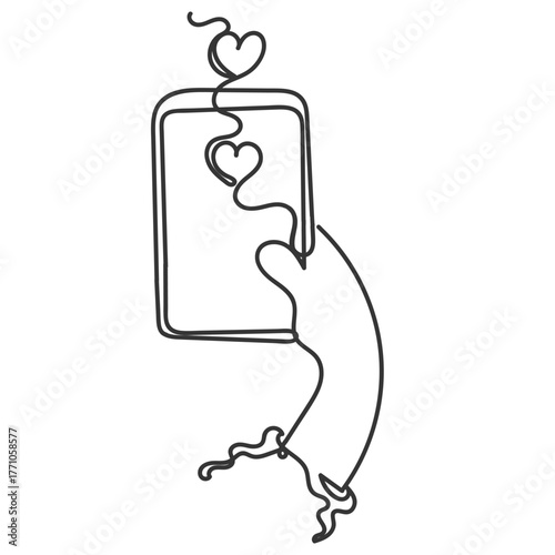 continuous line drawing doodle hand holding phone displaying heart love 