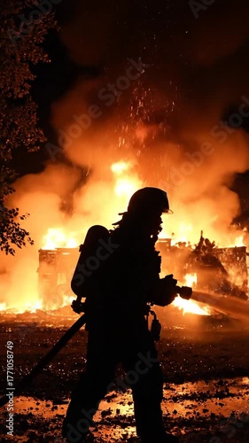 Firefighter silhouette fighting fire with water spray at night sparks