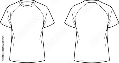 Athletic T-shirt template, short sleeve sportswear, raglan sleeve design, front and back view, fashion flat sketch, activewear apparel mockup, contour seam illustration, technical garment drawing
