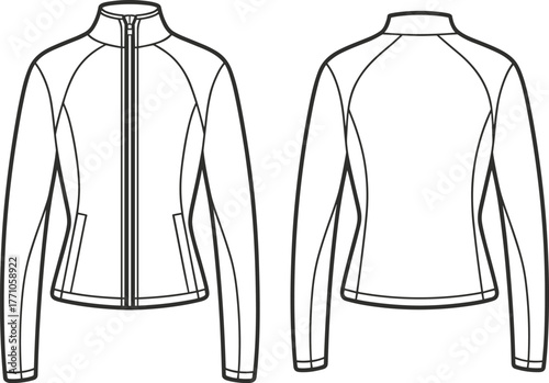 Technical flat sketch jacket, fashion design template, front and back view, high collar coat, zipper closure, garment illustration, apparel drawing, clothing vector, outerwear design