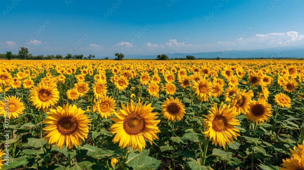 Obraz premium Vast field of bright yellow flowering plants stretches toward a distant horizon under a clear blue sky.