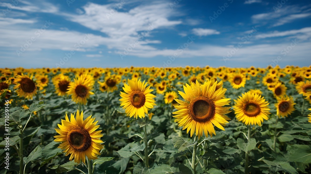 Fototapeta premium Vast expanse of bright yellow sunflowers stretches beneath a vivid blue sky dotted with white clouds