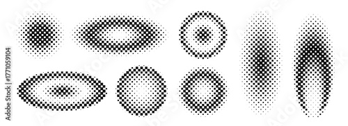 Halftone gradient collection. Dotted texture round and ellipse patterns. Comic faded circles and ovals background set. Pixel halfton element group for frame, poster, collage, banner, flyer. Vector