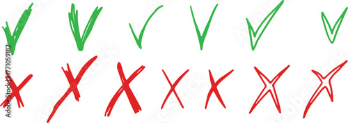 Hand-drawn red cross and green check, with a rough checklist marker symbol, in a trendy grunge look.