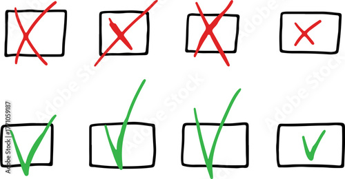 Handmade red cross and green tick symbols with a rough, grunge checklist icon, perfect for approvals.