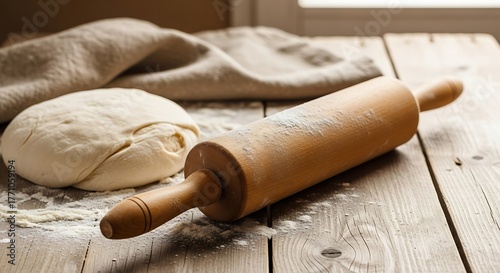 A wooden rolling pin lies on a rustic wooden table next to a ball of freshly made dough dusted with flour.