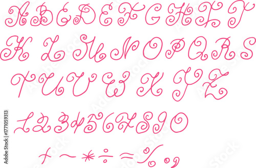 Signature-style handwritten font with calligraphy, including numbers and mathematical symbols created with a brush, ideal for logos and inscriptions.