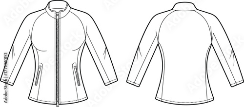 Technical fashion flat sketch jacket front back view, high collar zipper closure, zippered pockets, apparel design template, garment construction illustration, clothing manufacturing blueprint