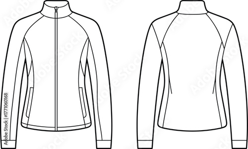 Technical jacket fashion flat sketch, front and back view garment drawing, zipper pockets, high collar, apparel design template, clothing construction illustration, vector outline, outerwear design