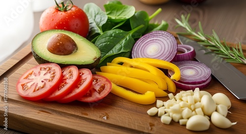 A vibrant assortment of fresh ingredients including tomatoes, avocado, spinach, red onion, yellow bell pepper, and garlic are artfully arranged on a wooden cutting board.