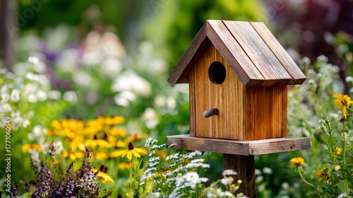Fototapeta Naklejka Na Ścianę i Meble -  Wooden birdhouse rests on a post amidst a vibrant summer garden display