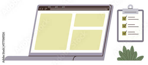 Open laptop with webpage layout, checklist on clipboard with marked tasks, and green plant. Ideal for productivity, task planning, organization, workflow, project management, digital tools simple