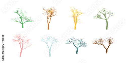 Collection of Colorful Tree Silhouettes Vector Illustration Against a White Background Featuring Autumnal and Seasonal Variety