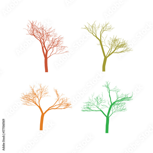 Colorful Tree Silhouettes in Autumnal and Spring Hues on White Background Illustrating Seasons and Plant Life