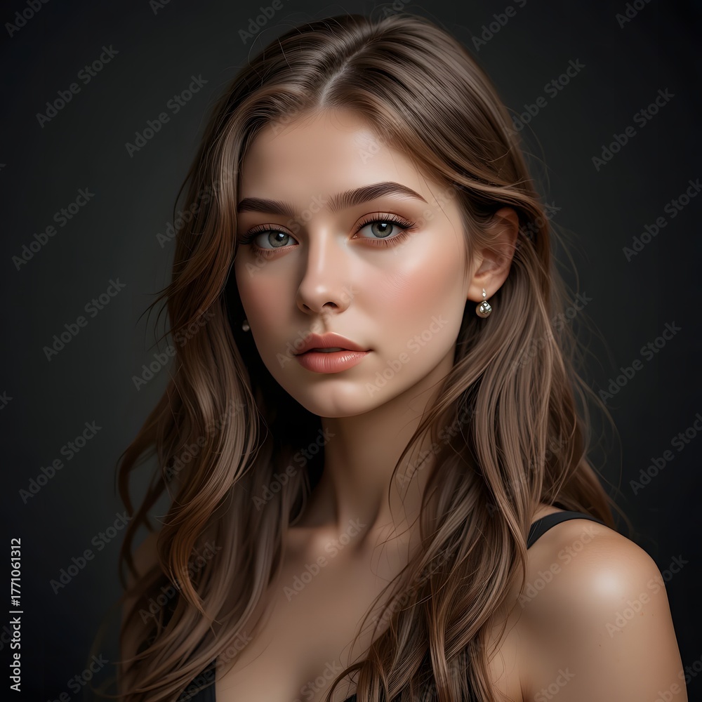 Fototapeta premium elegant portrait of woman wearing pearl earrings against a dark background