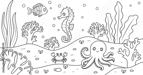 Coloring pages for children with an underwater world theme, featuring underwater animals such as octopus, clownfish, crab, sea anemone, and seahorse.