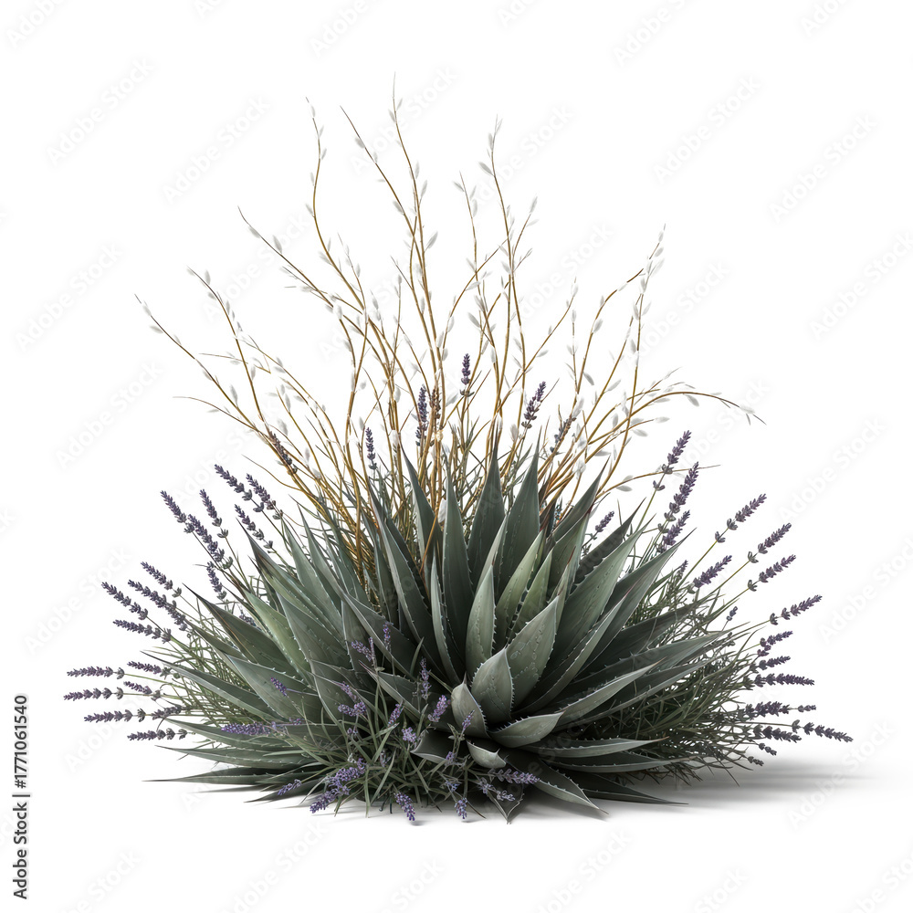 Fototapeta premium Realistic agave and lavender arrangement with dry grass on transparent background – desert plant composition for botanical design, landscaping, and minimalist nature decor