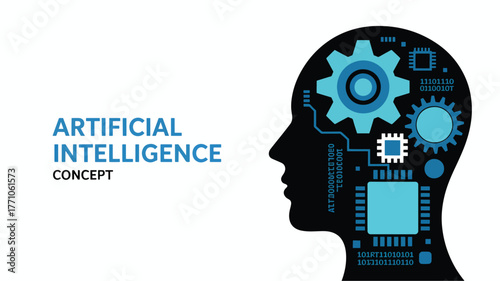 Silhouette of human head with gears and circuit board elements