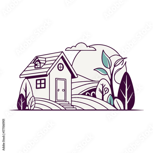 flat vector illustration of a house in the nature