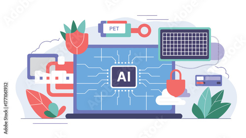 Artificial intelligence chip on laptop screen with security lock and plants
