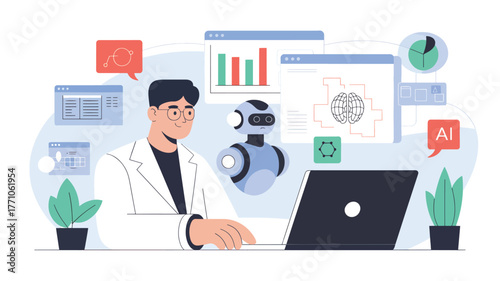 Man in lab coat works on laptop with robot and A I graphics