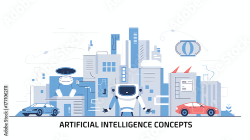 Robot and cars in abstract city with A I text artificial intelligence