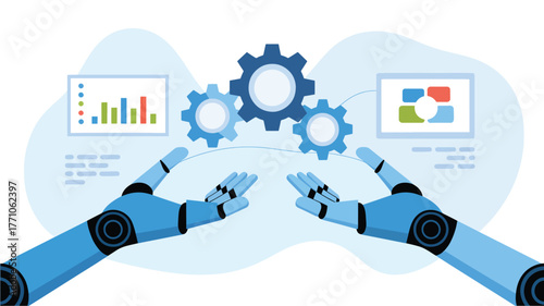 Blue robot hands holding gears and data charts analytics