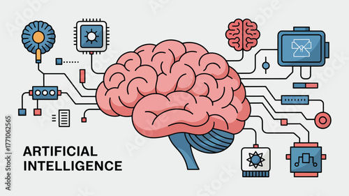 Pink brain connected to blue technology components