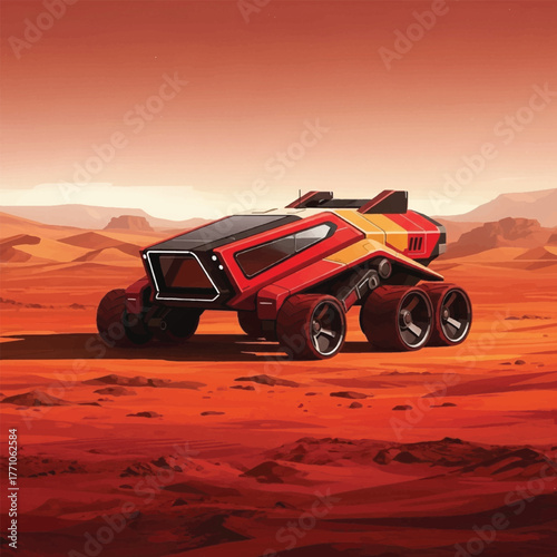 A futuristic red and yellow rover exploring the desolate, reddish landscape of Mars.