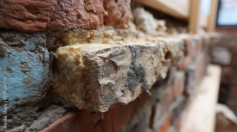 Fototapeta premium Close-up of Brick Wall Repair with Insulation Foam Installation