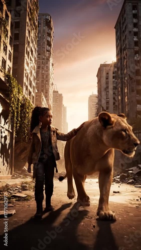 Girl walks alongside lion through destroyed city amidst golden sunlight