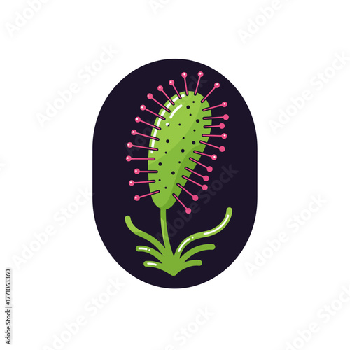 Stylized flat vector icon of a carnivorous sundew plant with sticky tentacles, isolated on a white background