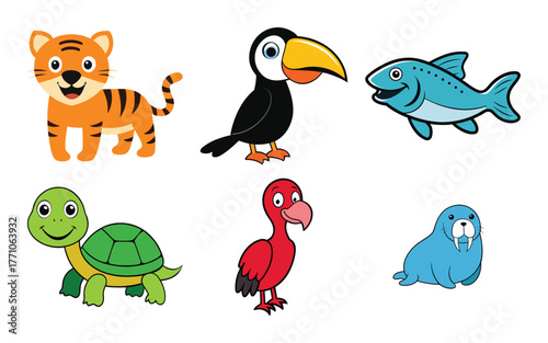 Collection of six cute cartoon animals including a tiger, toucan, fish, turtle, flamingo, and walrus