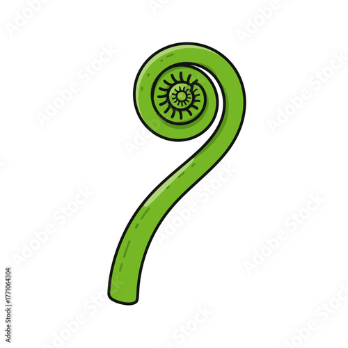 A simple vector illustration of a green fiddlehead fern with a bold outline. This flat, stylized design shows a young, curled frond isolated on a white background