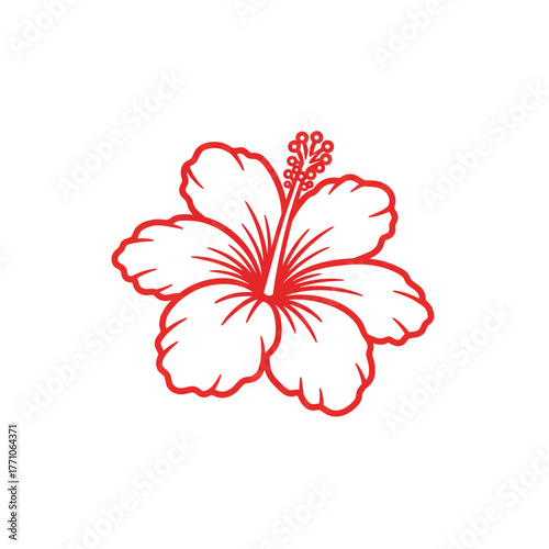 Vibrant red hibiscus flower outline vector illustration. Simple flat design icon of a tropical plant isolated on a white background