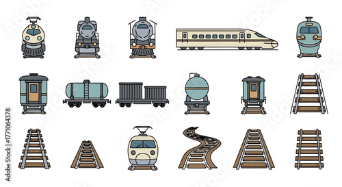 Collection of various train types, including locomotives, passenger cars, and railway tracks, illustrated in a detailed style.