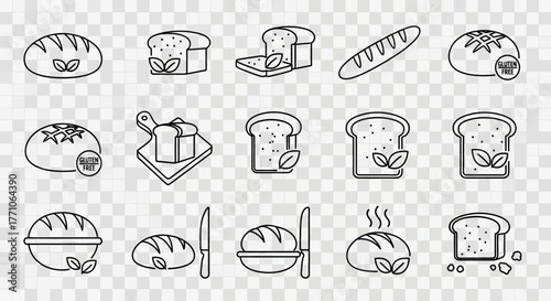 A collection of black and white line art icons depicting various types of bread, loaves, slices, and baking elements.