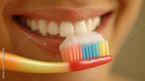 Person brushing teeth with foamy toothpaste promoting daily oral care habits, fresh breath, and a confident smile.
