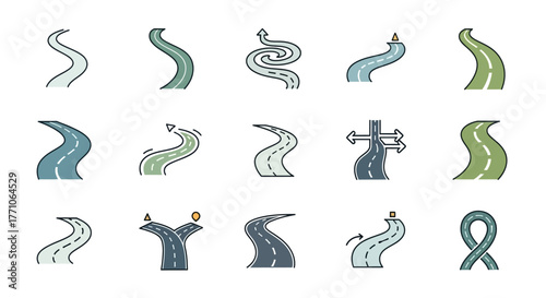 A collection of various winding road icons and illustrations, depicting different curves, turns, and paths, including a crossroads and a fork in the road.