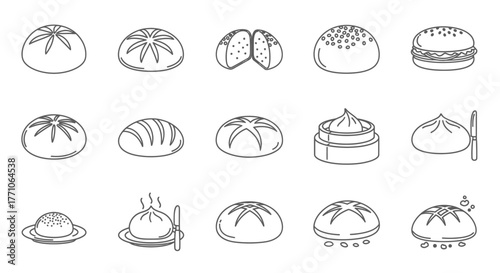 Collection of outline drawings of buns and dumplings.