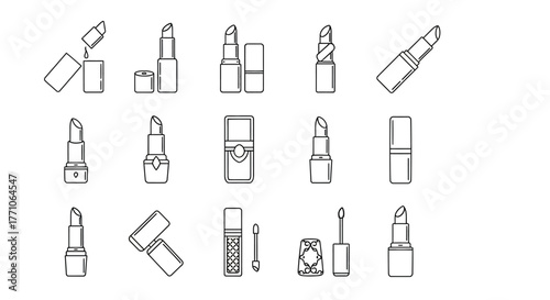 Line art illustration of various lipstick and lip gloss containers.