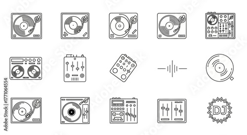 Collection of various DJ equipment icons, including turntables, mixers, and audio controllers.