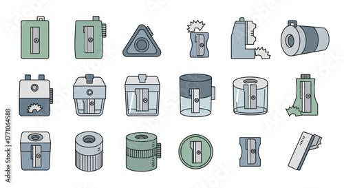A collection of various pencil sharpeners in different shapes, sizes, and designs, showcasing a range of manual and rotary models.