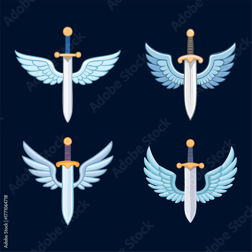 Set of cute sword with small wings on the handle, minimalist emblem design.
